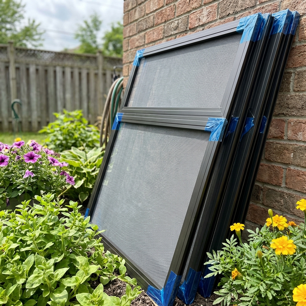 Brand new window screens ready for brick home installation