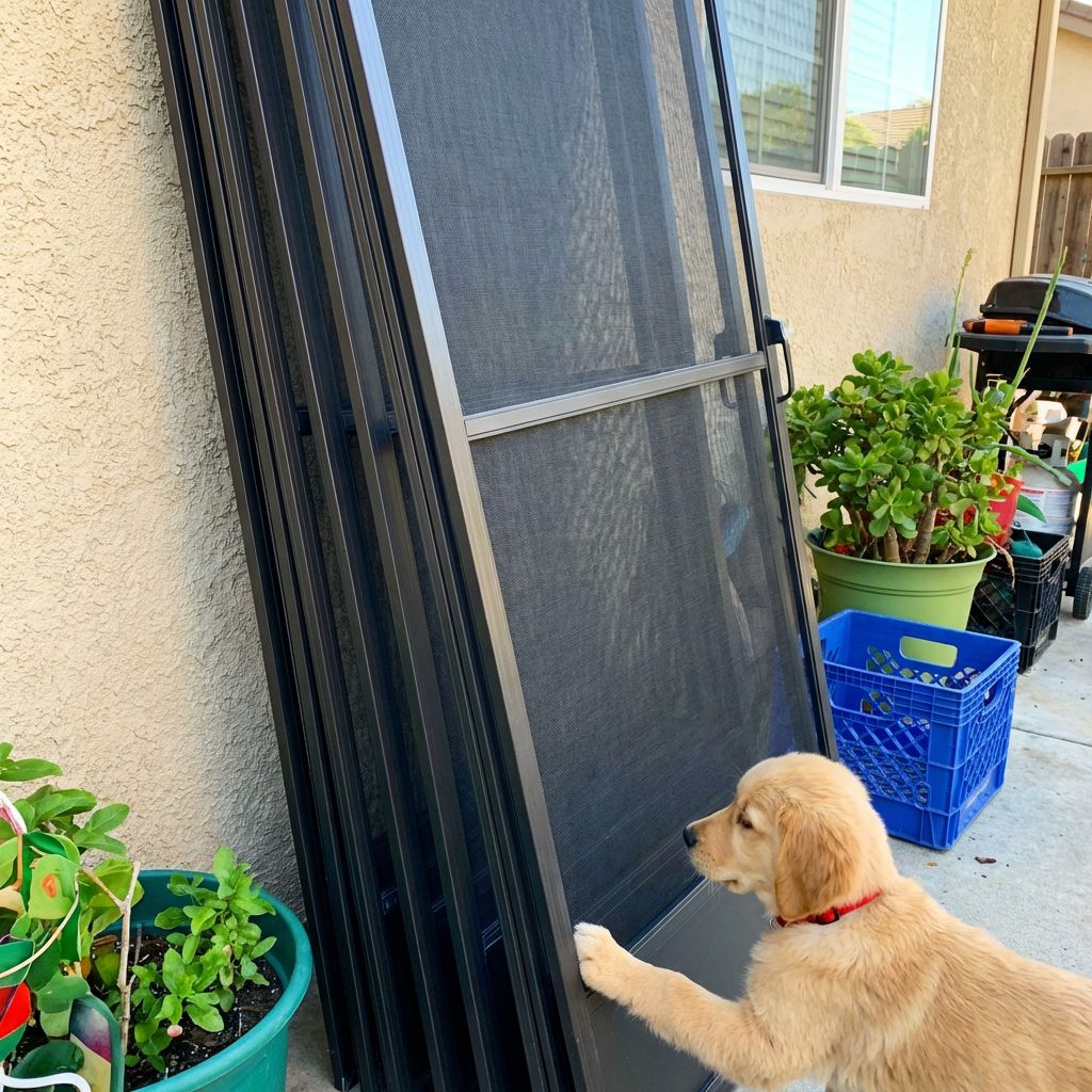 Golden retriever puppy testing pet-resistant screen durability