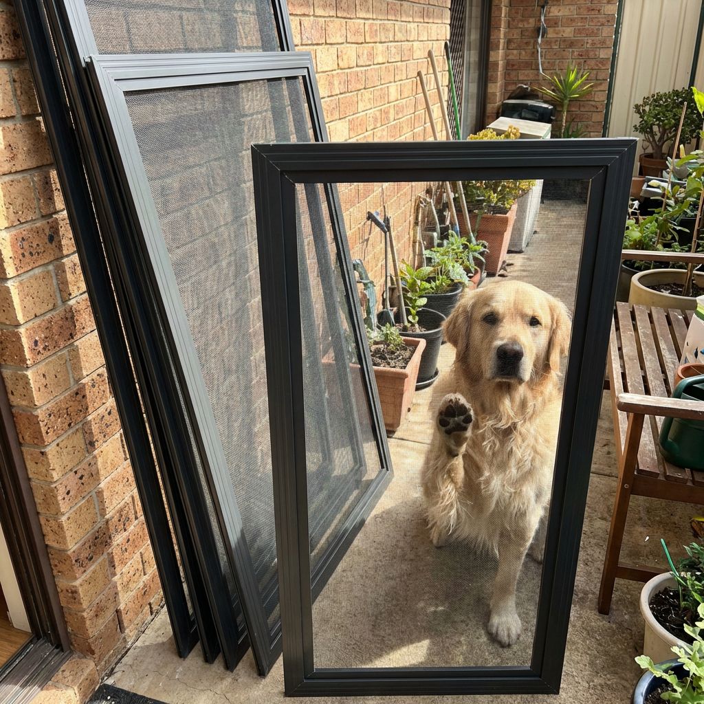 Golden retriever behind pet-resistant window screen