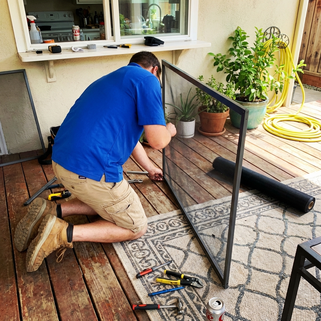 Window screen repair technician working in Berks County
