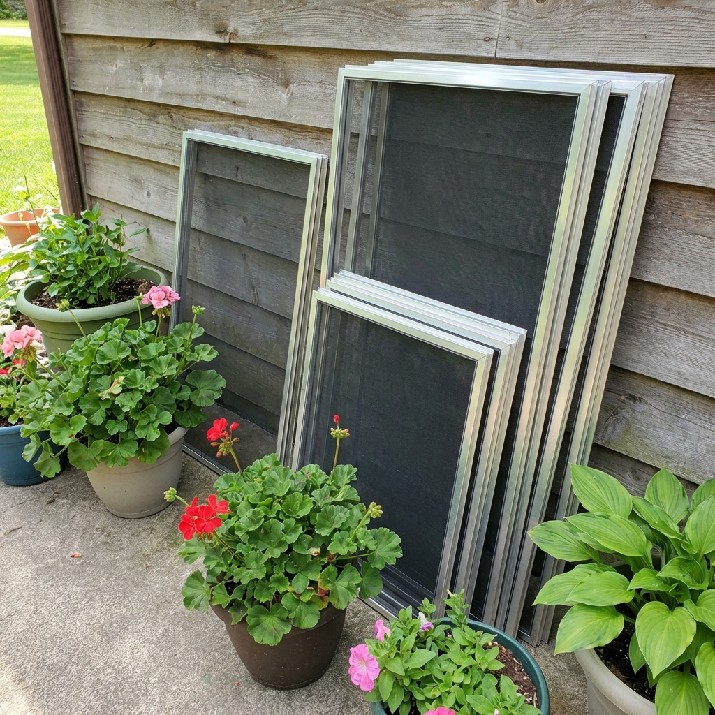 Window screens ready for installation with garden backdrop