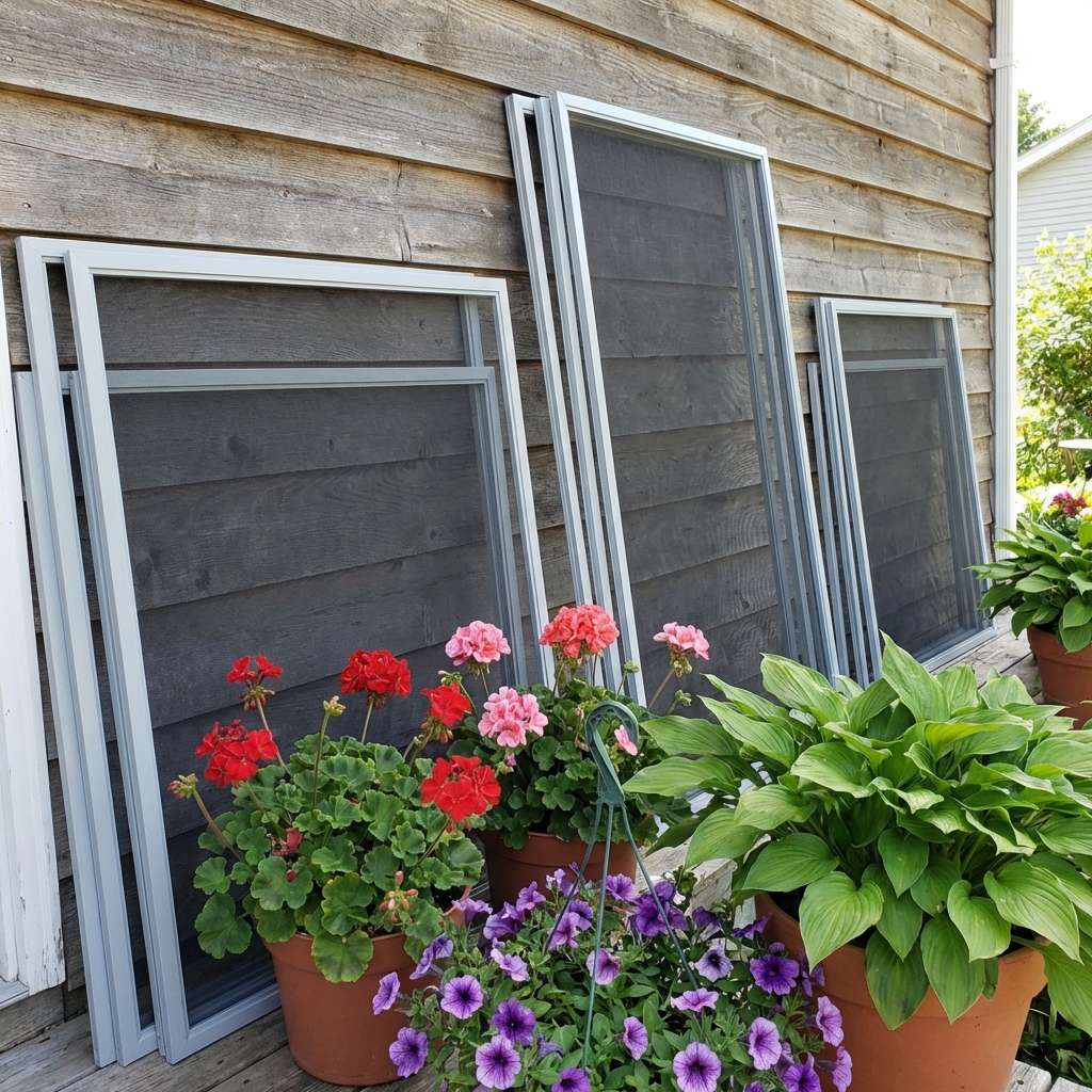 Freshly repaired window screens on porch with flowers