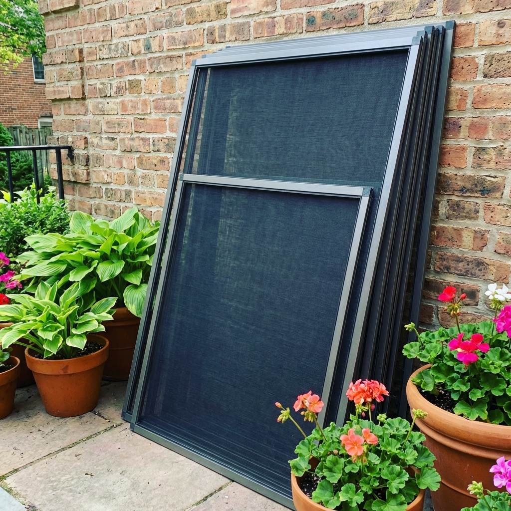 Window screens with terracotta pots and flowers